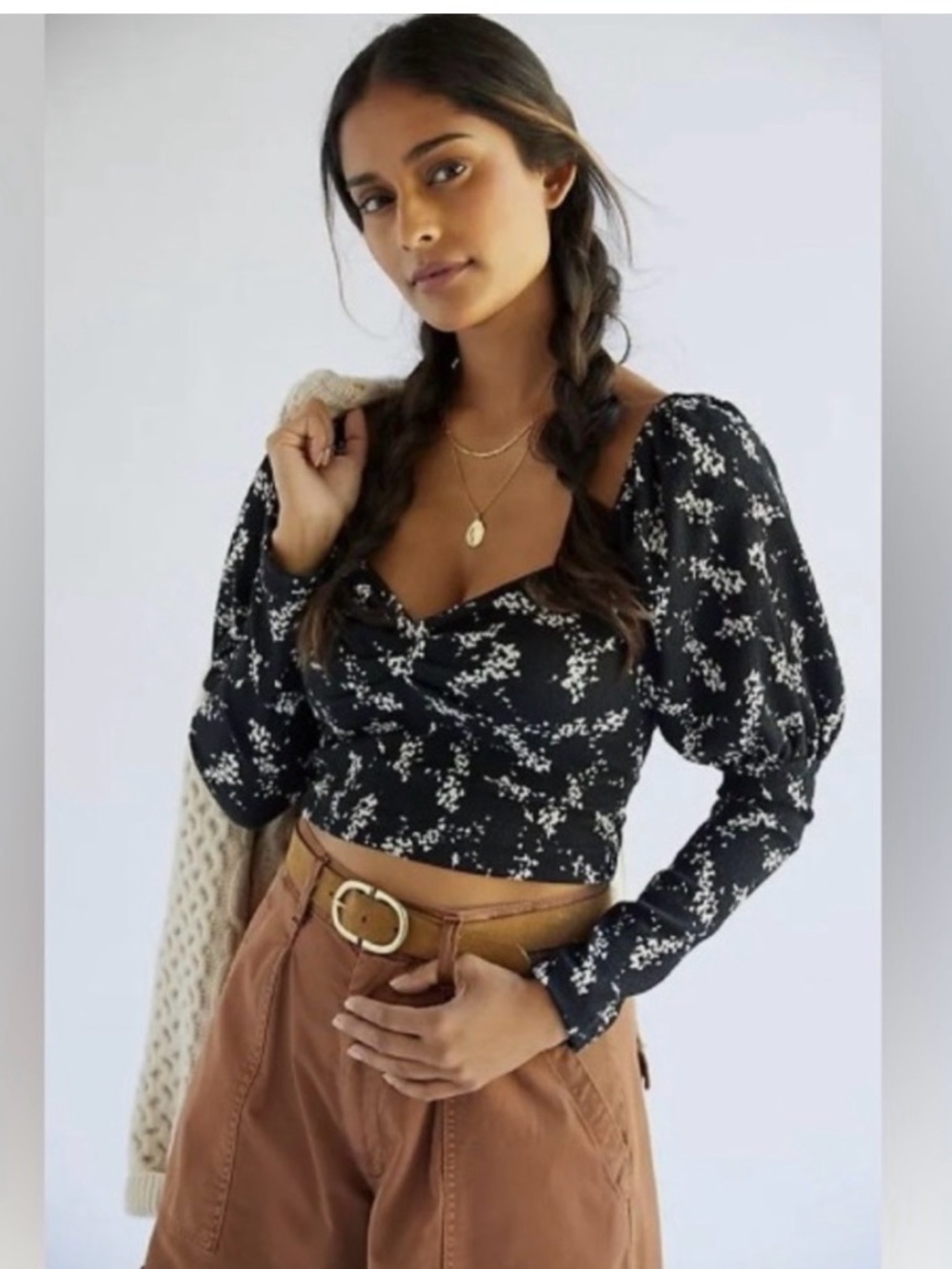 Anthropologie Sweetheart Top Black Floral Puff Sleeve XL